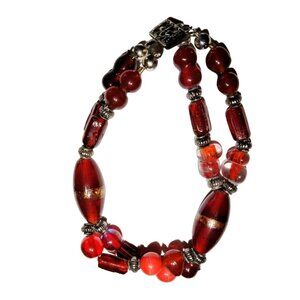 Art Glass Bead Bracelet Vintage Red Silver Beads Double Strand 7 inch